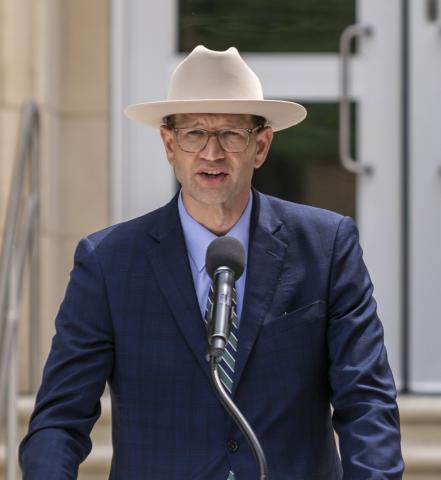 Waco city council member Josh Borderud speaks at Tidwell Bible Building